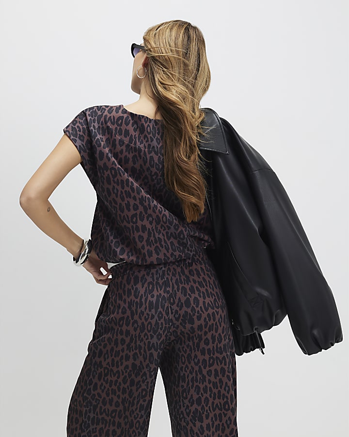 Black Leopard Print Tie Side Bubble Hem Top