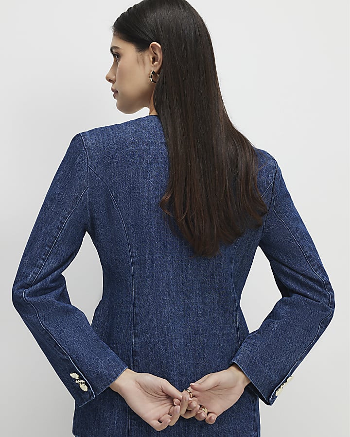 Blue Denim Collarless Trophy Jacket