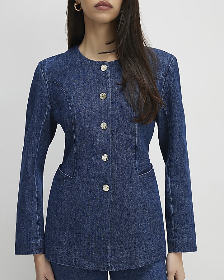Blue Denim Collarless Trophy Jacket