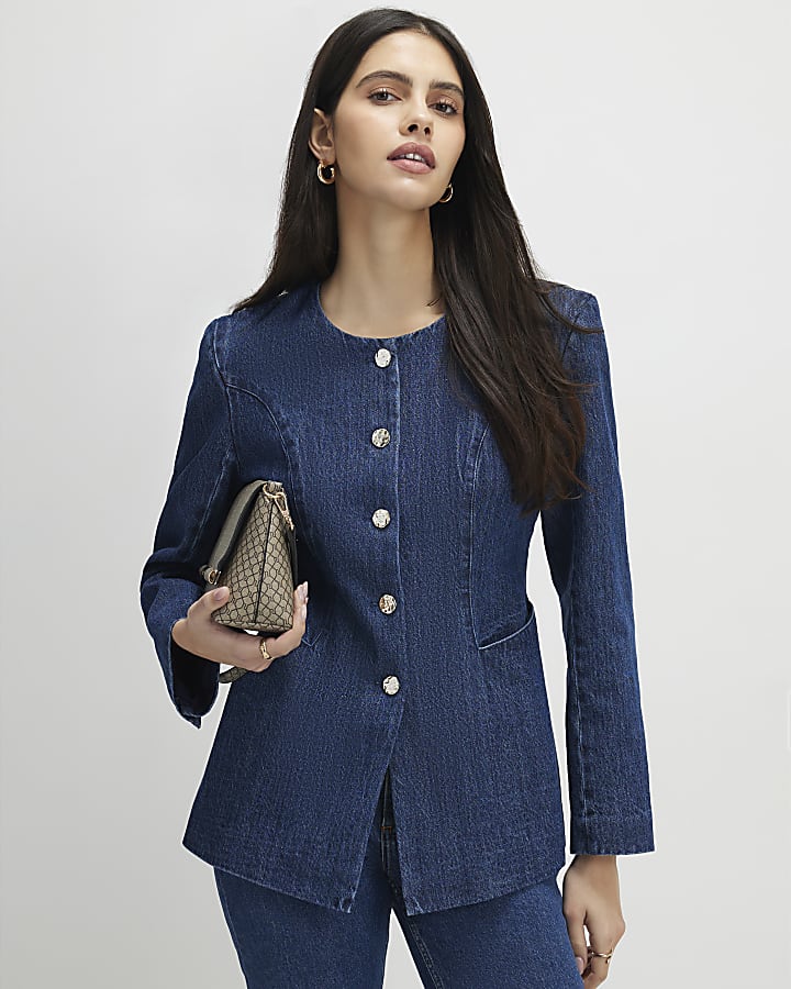 Blue Denim Collarless Trophy Jacket