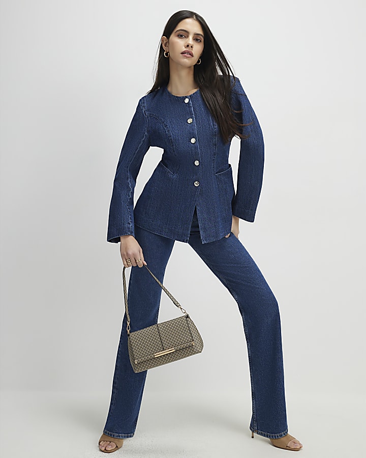 Blue Denim Collarless Trophy Jacket