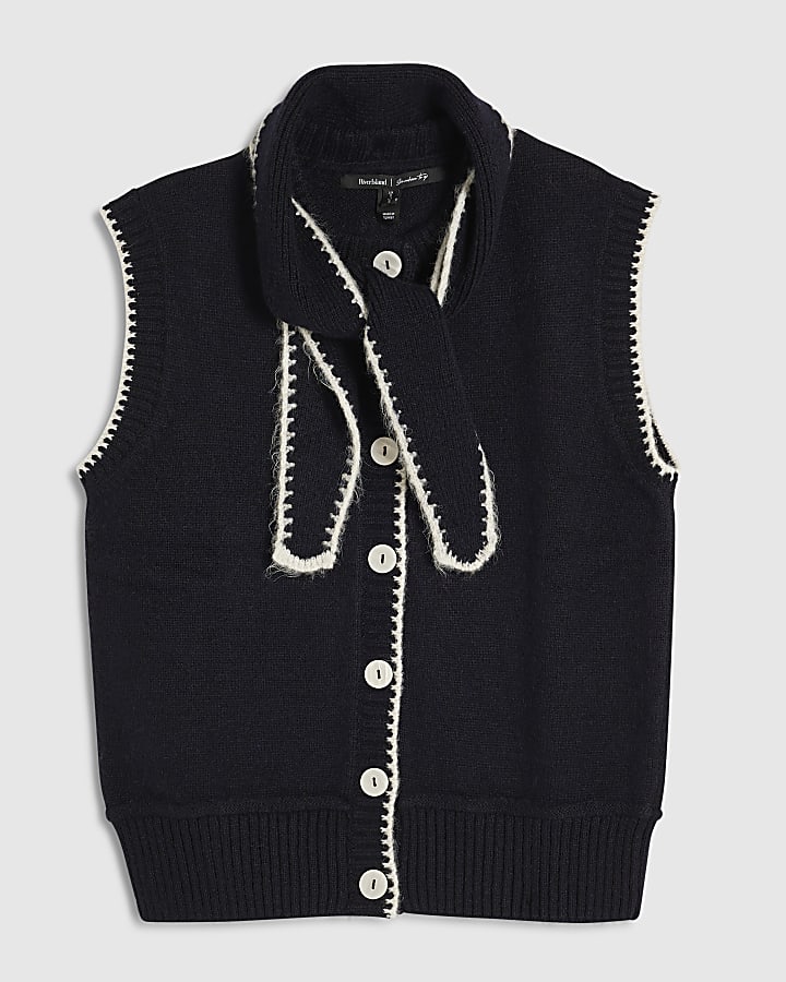 Navy Knitted Tie Neck Waistcoat