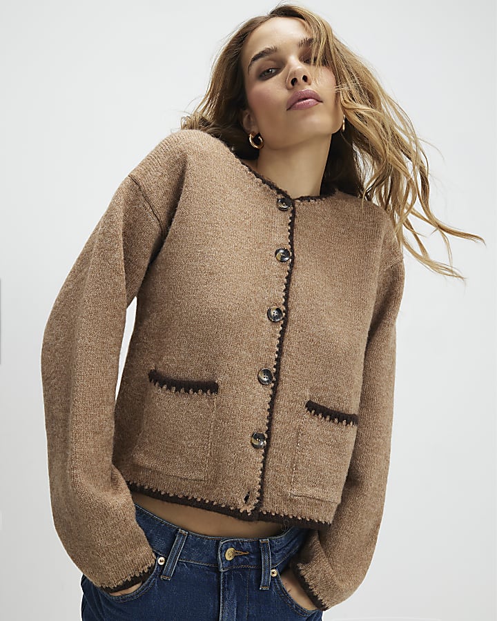 Brown Knitted Long Sleeve Whipstitch Cardigan