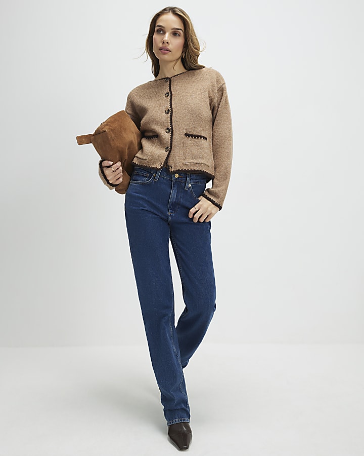 Brown Knitted Long Sleeve Whipstitch Cardigan