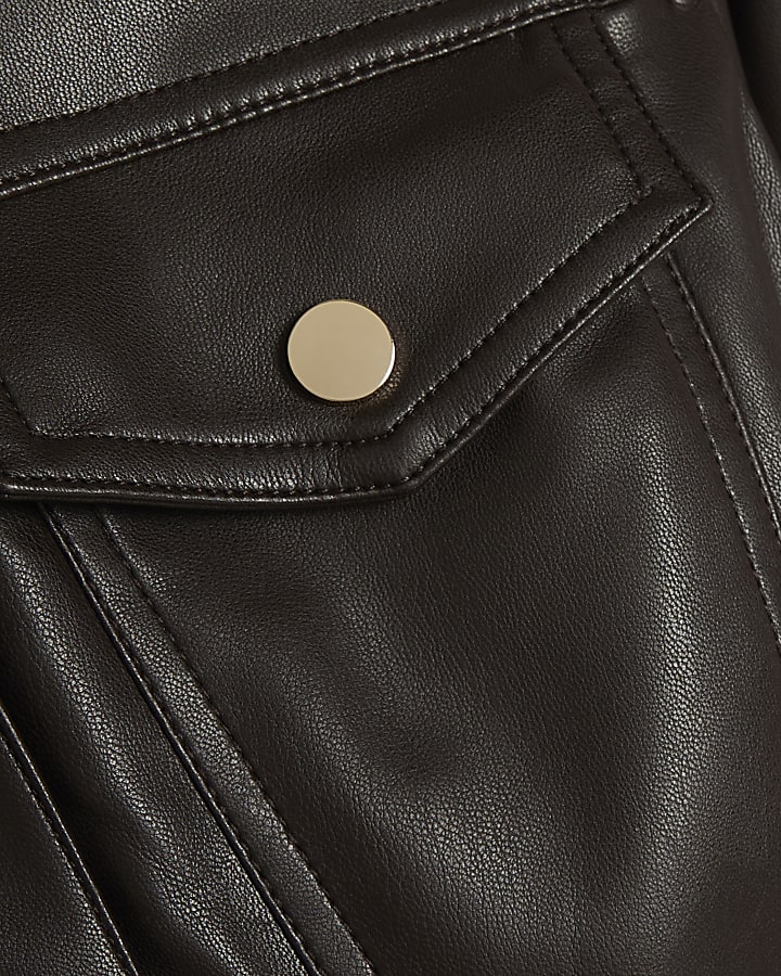 Brown Faux Leather Skater Mini Dress