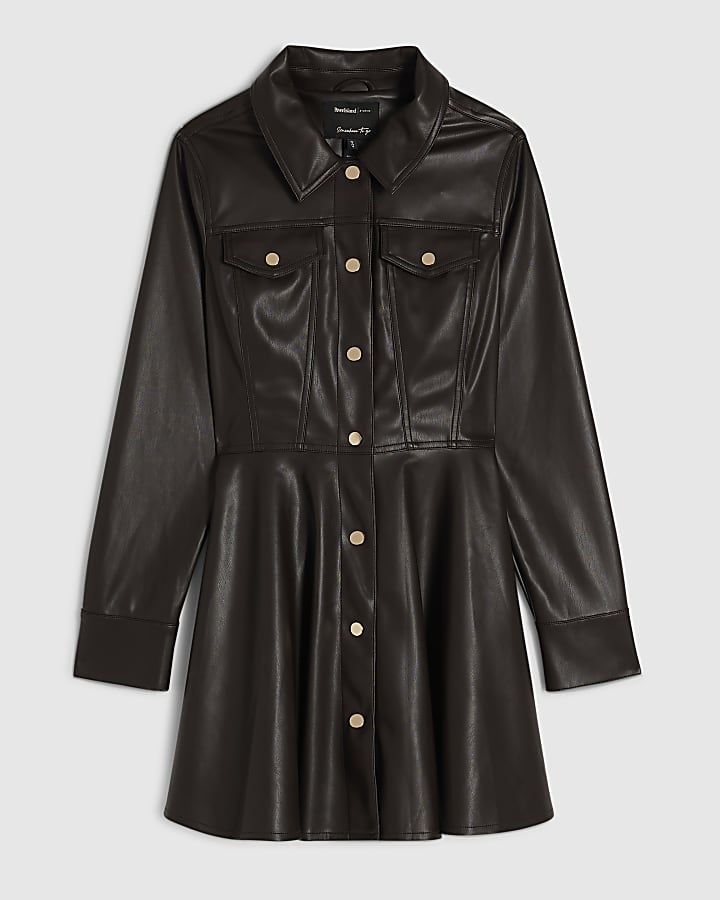 Brown Faux Leather Skater Mini Dress