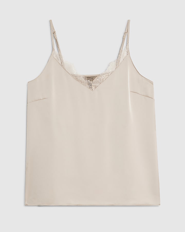 Beige Satin Lace Trim Cami Top