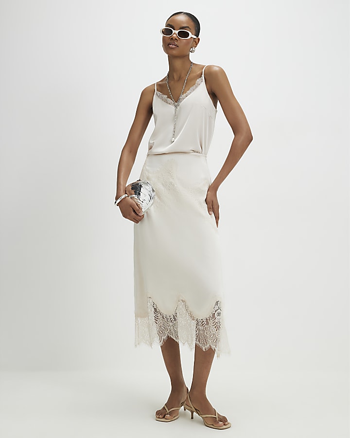 Beige Satin Lace Trim Cami Top