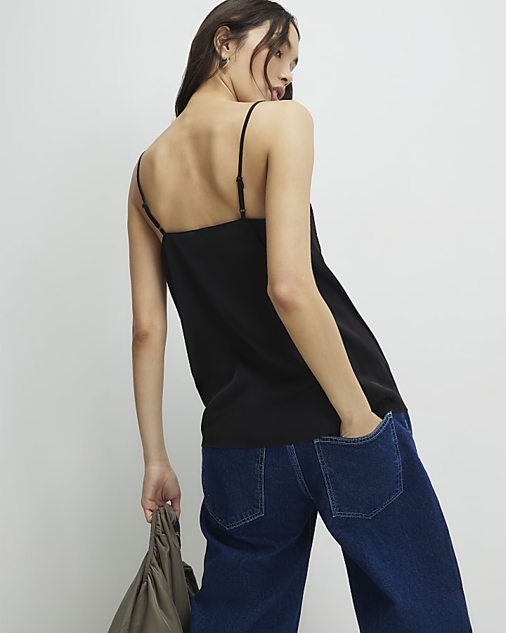 Black Satin Lace Trim Cami Top