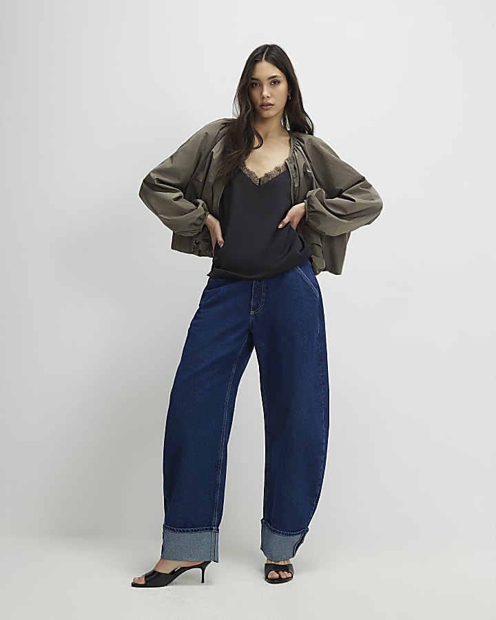 Black Satin Lace Trim Cami Top