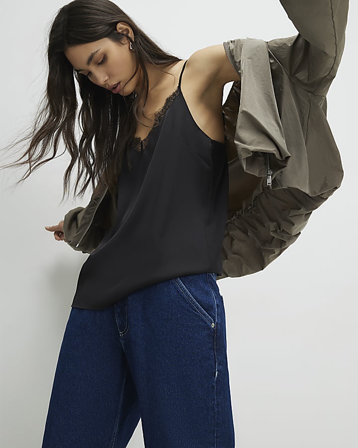 Black Satin Lace Trim Cami Top