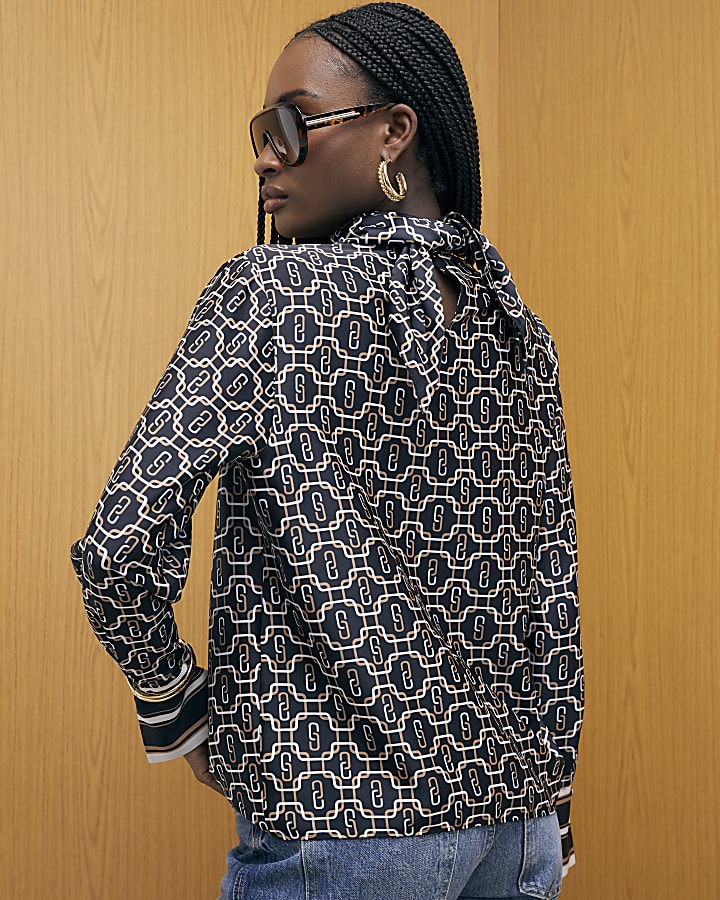 Black Geometric Print Scarf Shirt