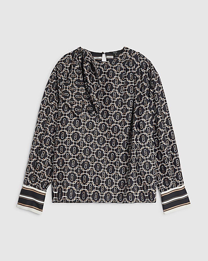 Black Geometric Print Scarf Shirt