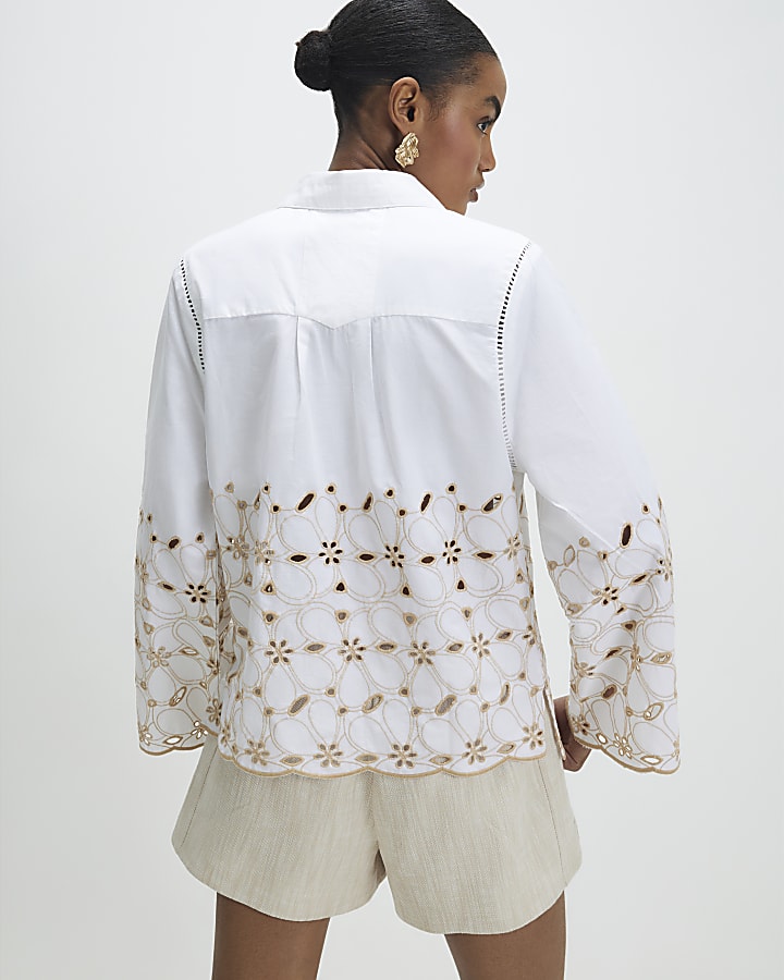 White Poplin Broderie Hem Shirt