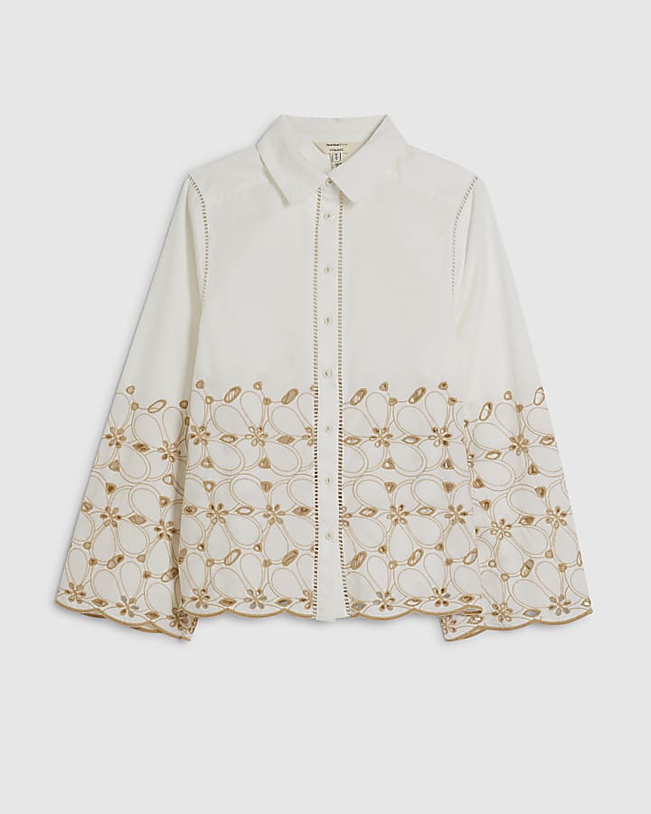 White Poplin Broderie Hem Shirt