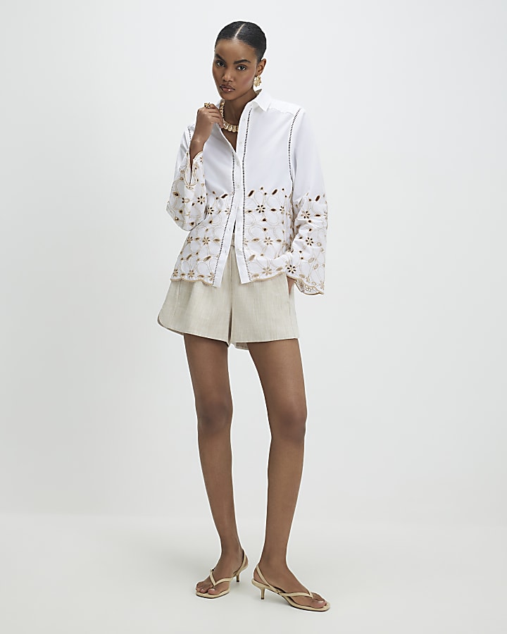 White Poplin Broderie Hem Shirt