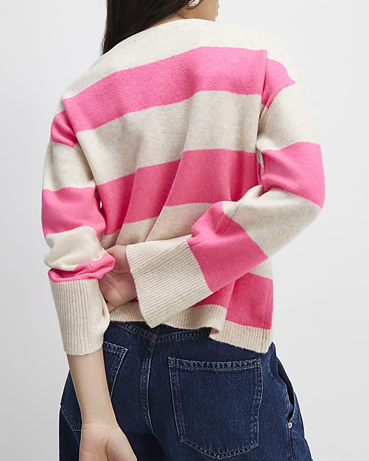 Beige Striped Crew Neck Jumper