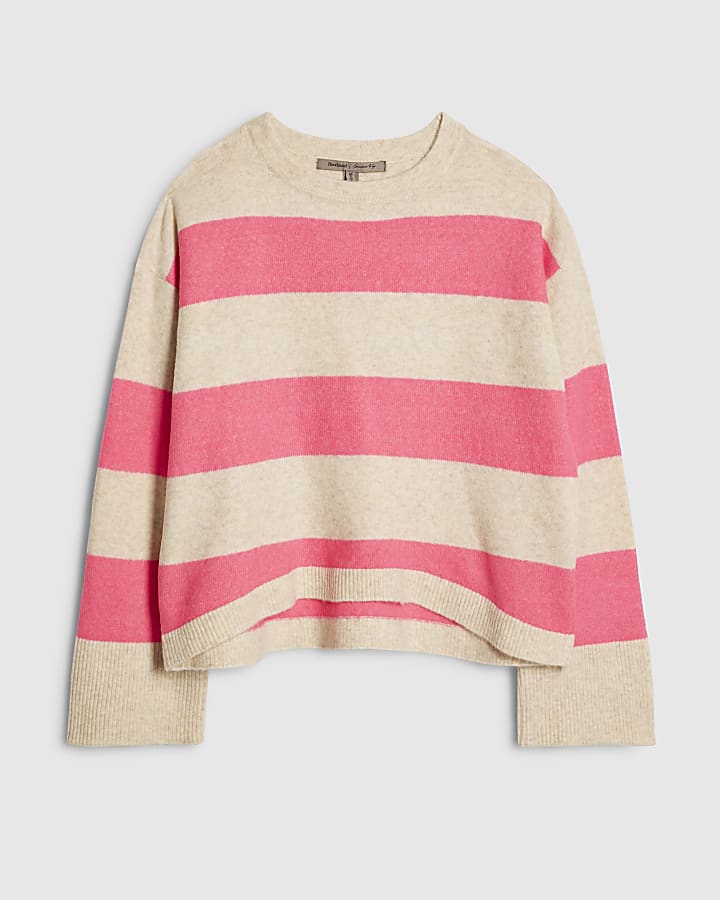 Beige Striped Crew Neck Jumper