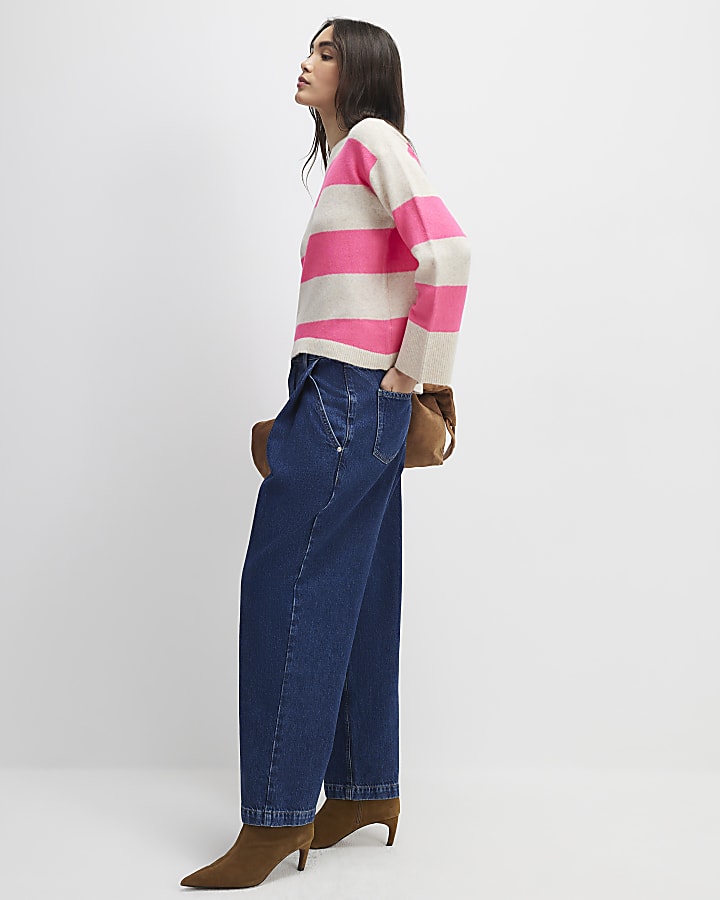 Beige Striped Crew Neck Jumper