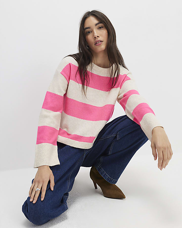 Beige Striped Crew Neck Jumper