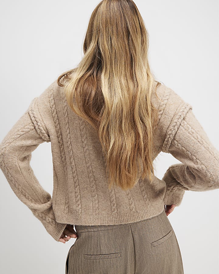 Brown Long Sleeve Cable Knit Cardigan