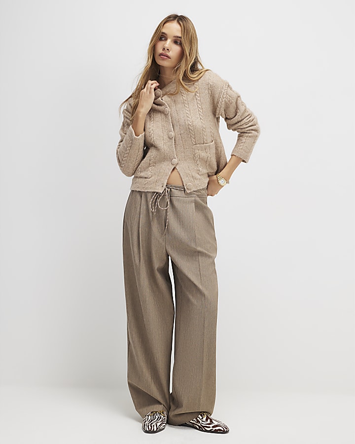 Brown Long Sleeve Cable Knit Cardigan