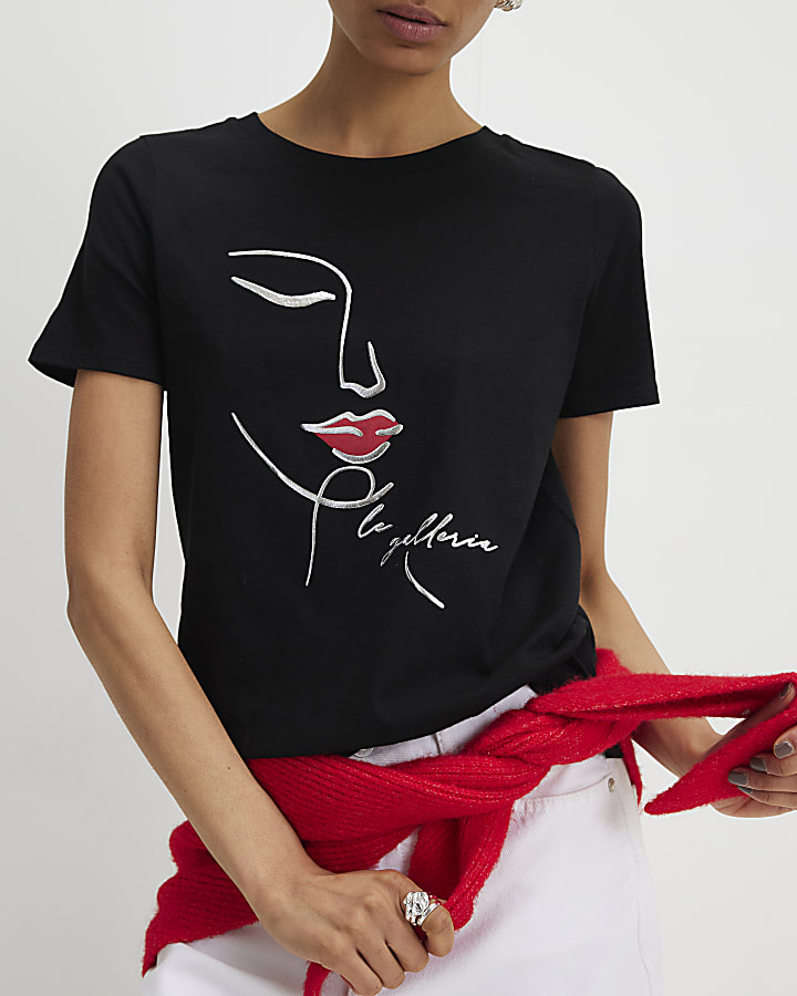 Black Sketchy Face Foil T-Shirt