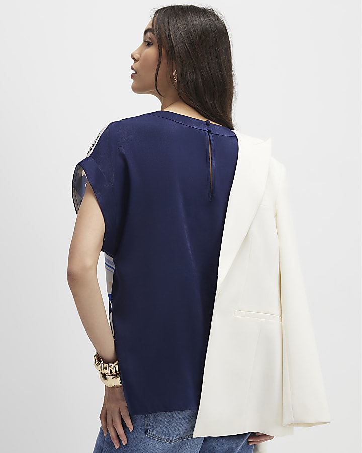 Blue Satin Short Sleeve Floral Print Top