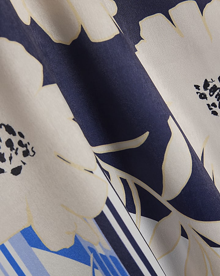 Blue Satin Short Sleeve Floral Print Top