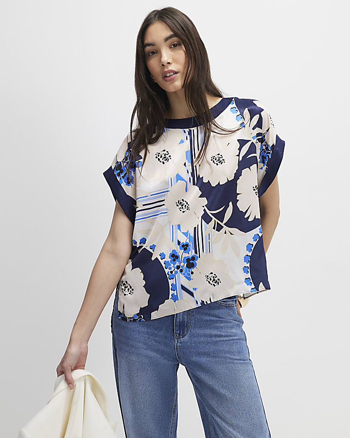 Blue Satin Short Sleeve Floral Print Top