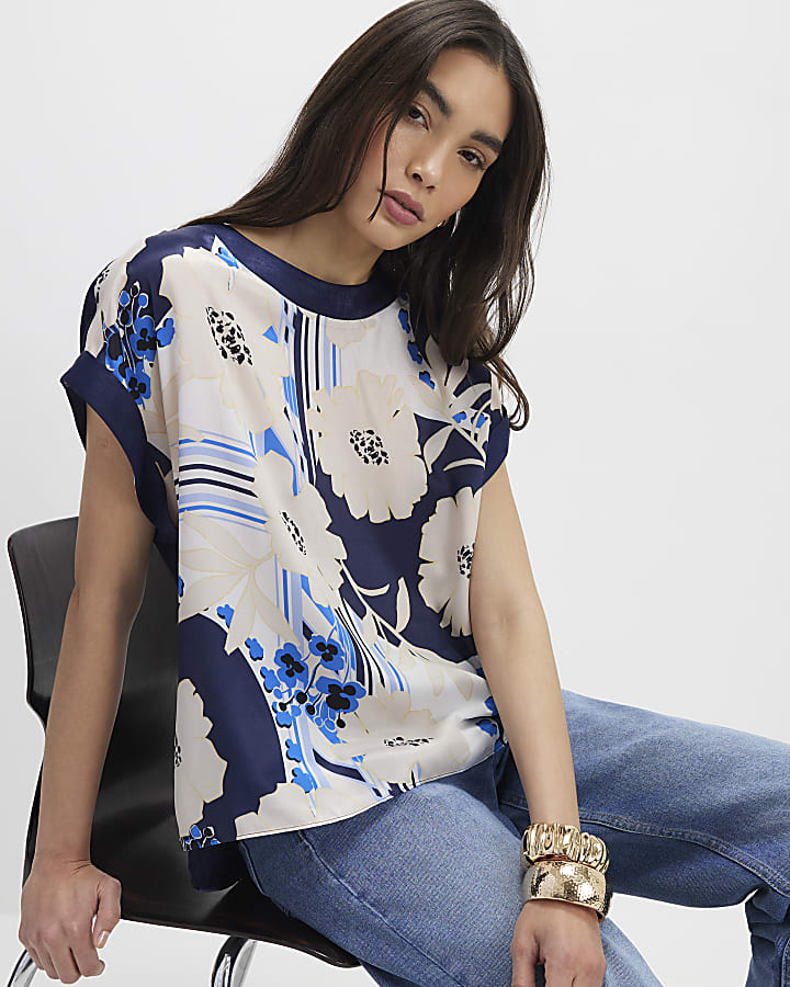 Blue Satin Short Sleeve Floral Print Top