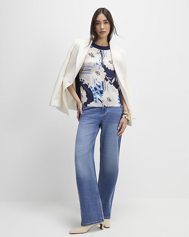 Blue Satin Short Sleeve Floral Print Top