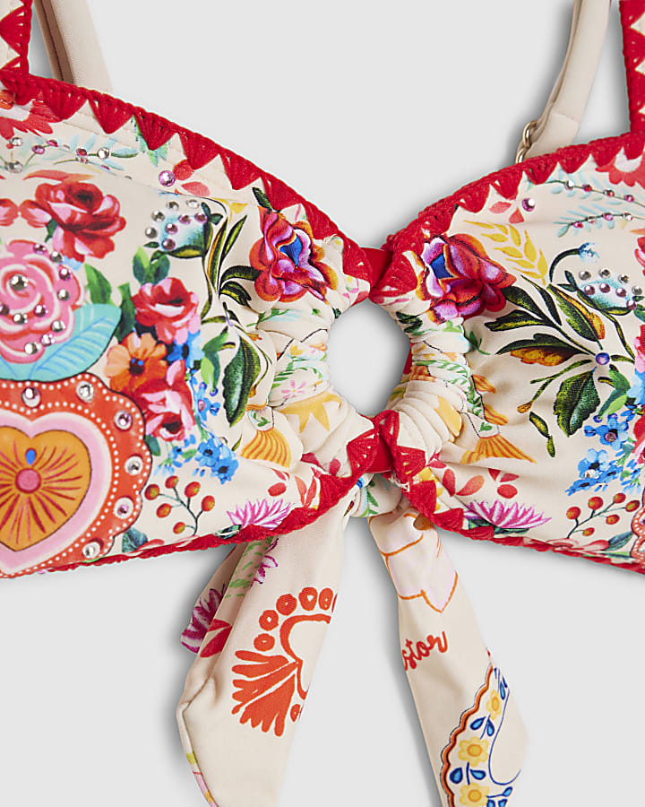 White Mexicana Floral Print Bikini Top