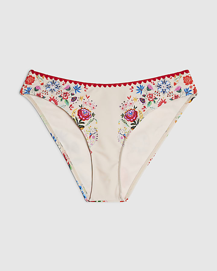 White Mexicana Floral Print Bikini Bottoms