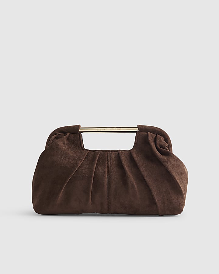 Brown Faux Suede Ruched Clutch Bag