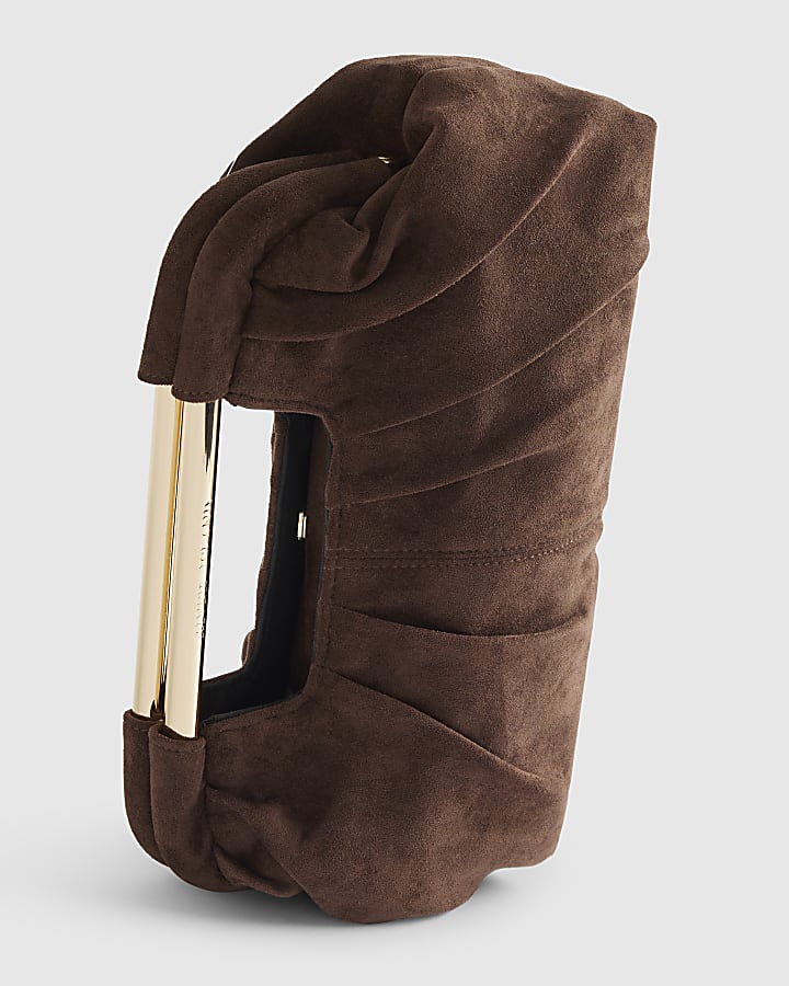 Brown Faux Suede Ruched Clutch Bag