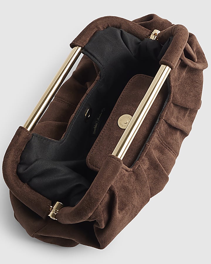 Brown Faux Suede Ruched Clutch Bag