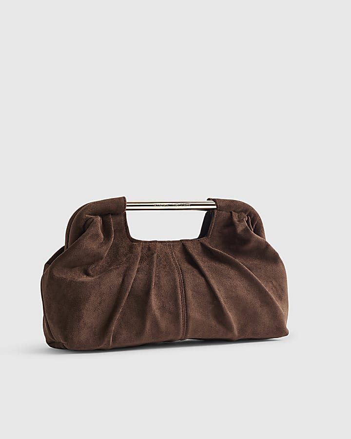 Brown Faux Suede Ruched Clutch Bag
