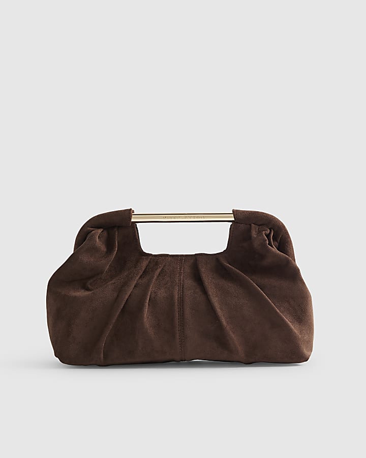 Brown Faux Suede Ruched Clutch Bag