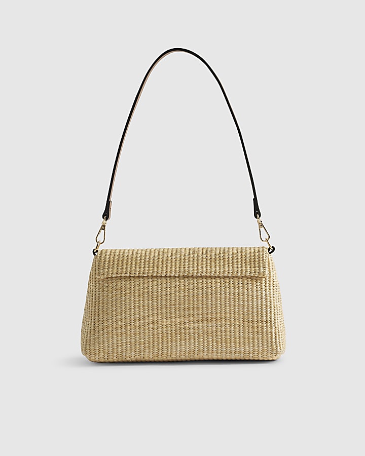 Beige Raffia Bar Front Shoulder Bag