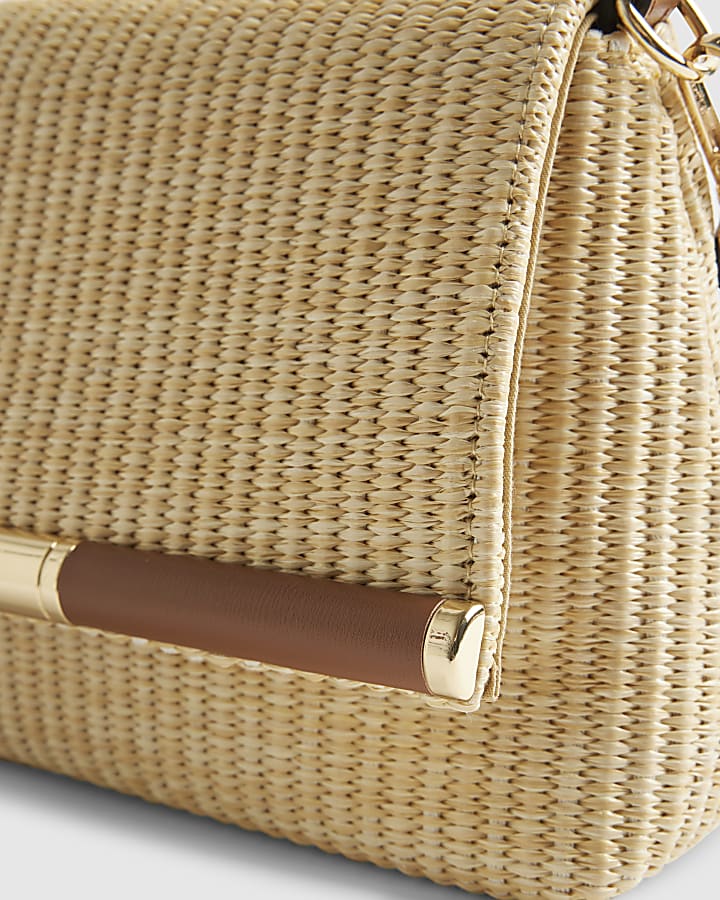 Beige Raffia Bar Front Shoulder Bag