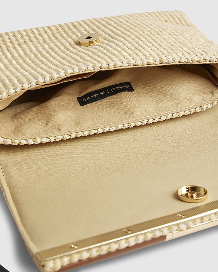 Beige Raffia Bar Front Shoulder Bag