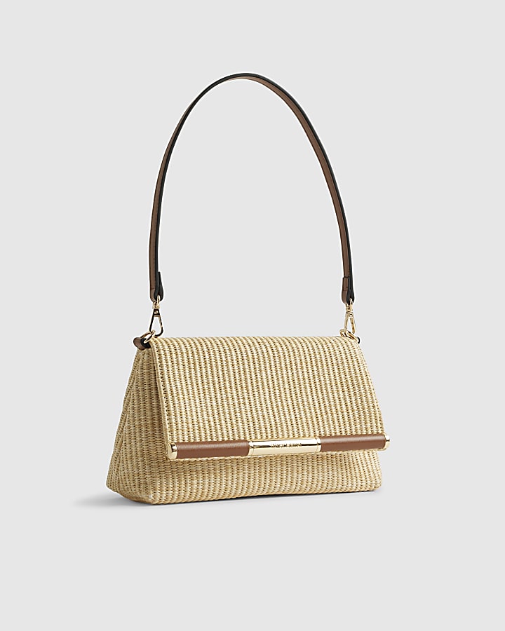 Beige Raffia Bar Front Shoulder Bag