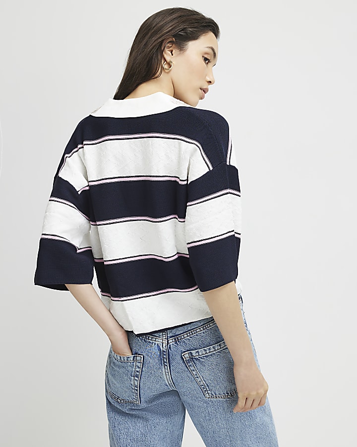 Navy Striped Knitted Polo Shirt