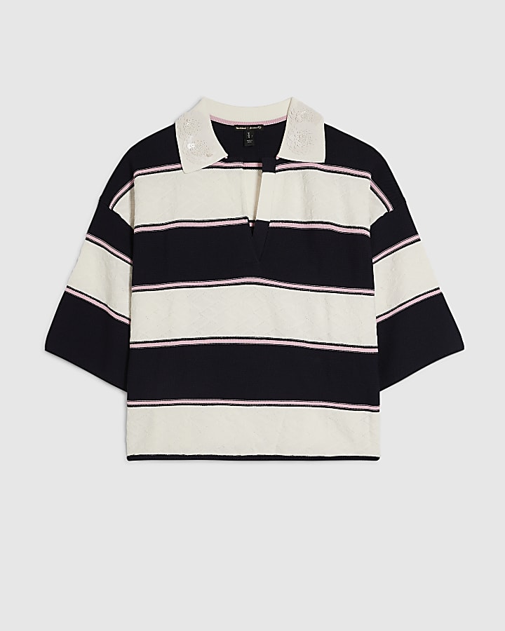 Navy Striped Knitted Polo Shirt