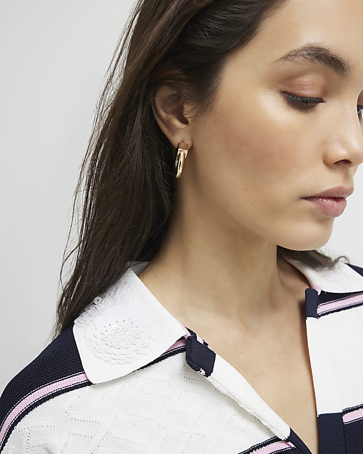 Navy Striped Knitted Polo Shirt