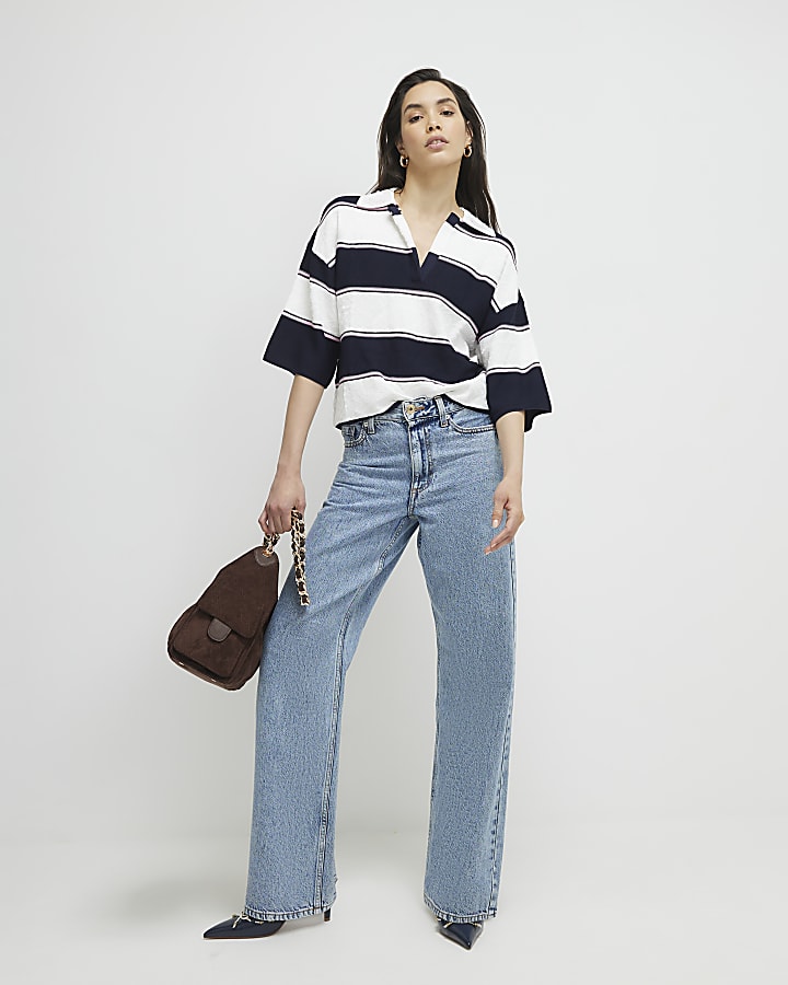 Navy Striped Knitted Polo Shirt