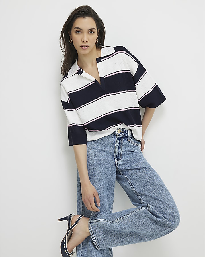 Navy Striped Knitted Polo Shirt