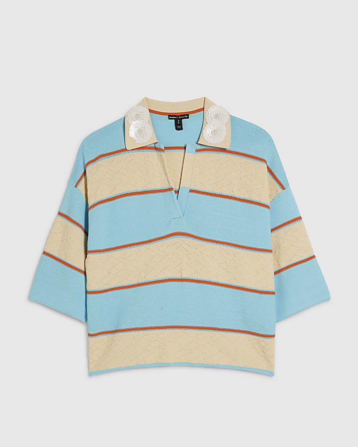 Blue Striped Knitted Polo Shirt