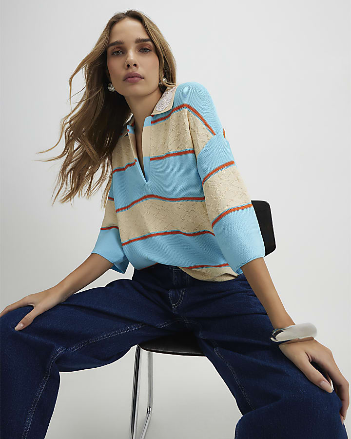 Blue Striped Knitted Polo Shirt